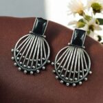 Jaipuri Design Silver Replica Monalisa Stone Stud Earrings For Girls - "Black"