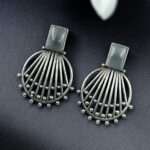Jaipuri Design Silver Replica Monalisa Stone Stud Earrings For Girls - "Grey"