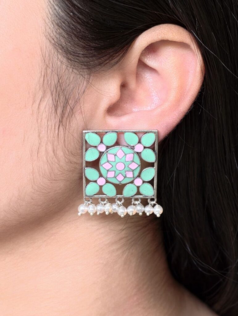 Traditional Silver Plated Meenakari Stud Earrings | Oxidized Pearl Work Amazing Jewelry