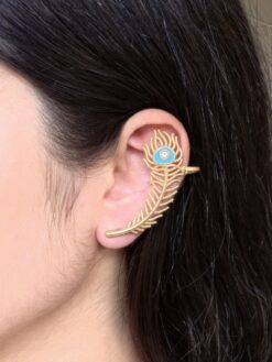 Gold plated peacock feather meenakari earcuff with stone work