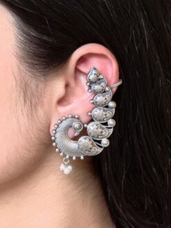 Silver replica unique peacock design earcuff with pearl work