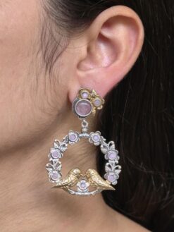 Two-tone bird earrings design dangler with flower stone work