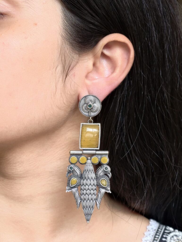 Beautiful Design Silver Replica Peacock Dangler Earrings | Stone Work Oxidized Jewelry