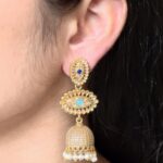 Elegant Gold Plated Jhumka Dangler Earrings | Stone & Pearl Work Amazing Jewelry - "Blue-Aqua"