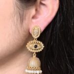 Elegant Gold Plated Jhumka Dangler Earrings | Stone & Pearl Work Amazing Jewelry - "White-Black"