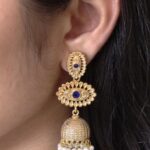 Elegant Gold Plated Jhumka Dangler Earrings | Stone & Pearl Work Amazing Jewelry - "Blue"