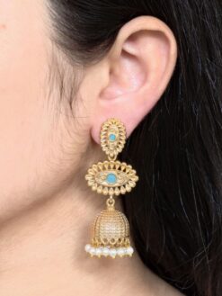 Gold plated jhumka dangler earrings with stone and pearl work