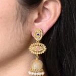Elegant Gold Plated Jhumka Dangler Earrings | Stone & Pearl Work Amazing Jewelry - "Baby Pink-Blue"