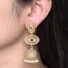 Gold plated jhumka dangler earrings with stone and pearl work