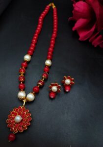 Beautiful Flower Necklace with Red Stone and Pearl Work Elegant Design