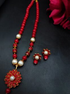 Beautiful Flower Necklace with Red Stone and Pearl Work Elegant Design