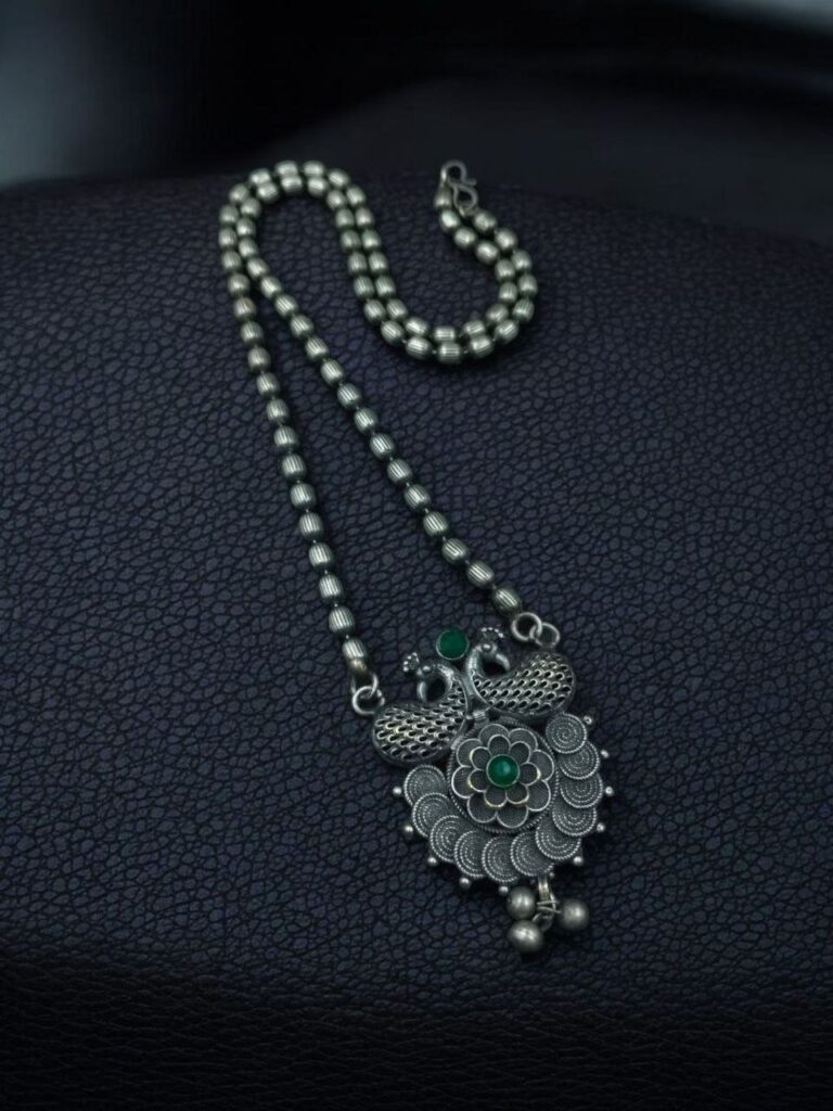 Peacock Design Silver Plated Chain Necklace with Stone and Pearl Work