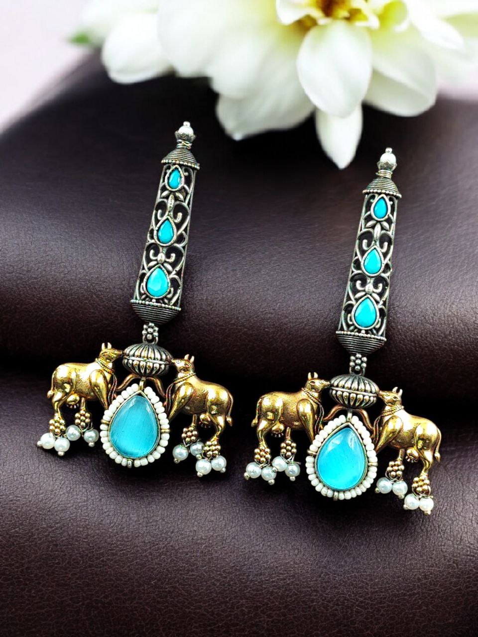 Premium Look Nandi Design Two-Tone Earrings | Stone & Pearl Work Beautiful Statement Jewelry 3 Premium look Nandi design two-tone stone and pearl earrings