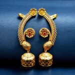 Beautiful Flower Design Gold Plated Jhumka Earcuff | Stone Work Traditional Jewelry - "Red"