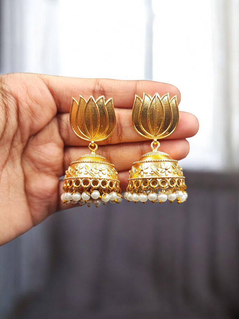 Beautiful Gold Plated Lotus Jhumka Earrings | Pearl Detailing Traditional Dangler Jewelry 4 Gold plated lotus jhumka earrings with pearl detailing