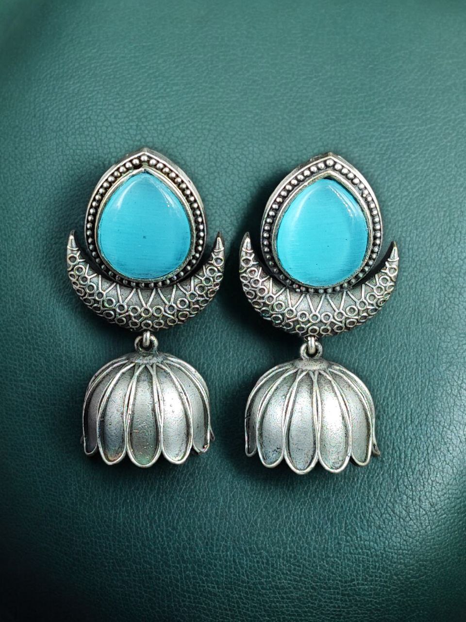 Traditional Oxidized Jhumka Earrings | Silver Replica Monalisa Stone Perfect Jewelry Gift for Her 3 Oxidized silver replica jhumka earrings with Monalisa stone