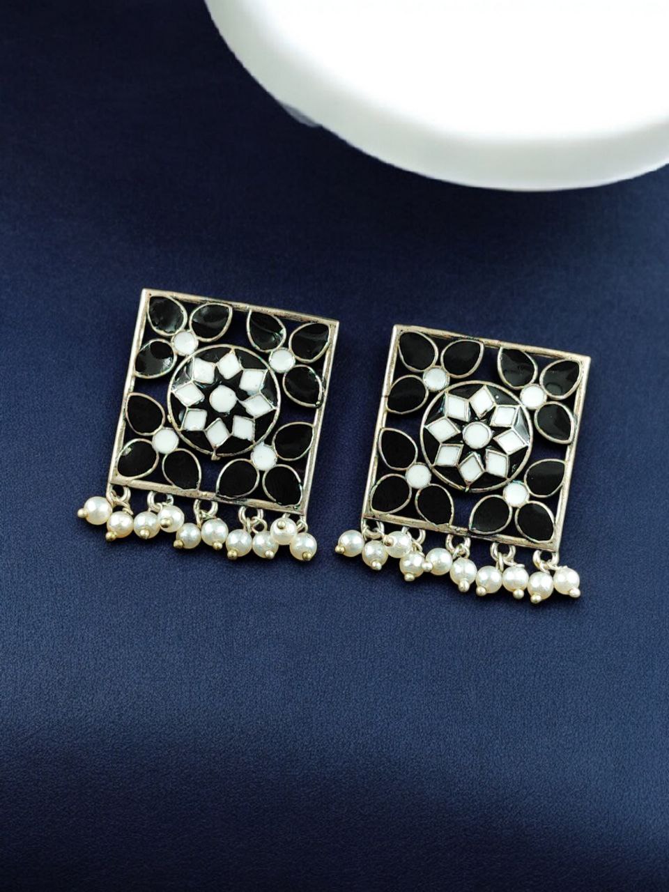 Traditional Silver Plated Meenakari Stud Earrings | Oxidized Pearl Work Amazing Jewelry 3 Silver plated meenakari stud earrings with oxidized finish and pearl work