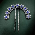 Ethnic Silver Plated Flower Bun Stick | Beautiful Hair Accessory with Stone Work - "Blue"