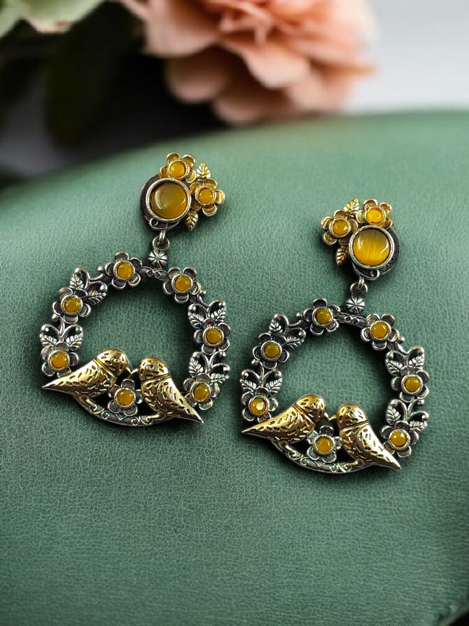 Elegant Two-Tone Bird Earrings | Flower Design Stone Work Best Traditional Jewelry 3 Two-tone bird design dangler earrings with flower stone work