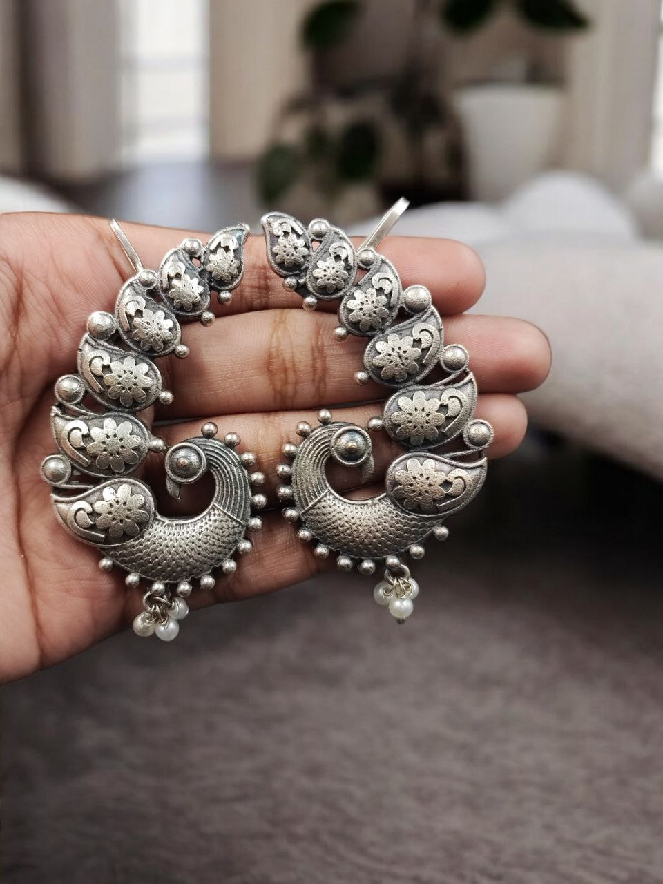 Silver Replica Unique Peacock Design Earcuff | Pearl Work Traditional Jewelry 2 Silver replica peacock design earcuff with pearl work