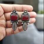 Traditional Silver Plated Leaf Design Earrings with Oxidized Finish