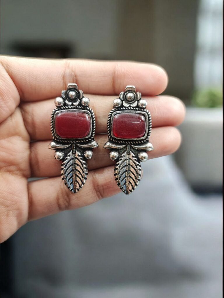 Traditional Silver Plated Leaf Design Earrings with Oxidized Finish