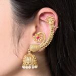 Affordable Design Gold Plated Jhumka Earcuff | Stone & Pearl Traditional Jewelry - "Red"