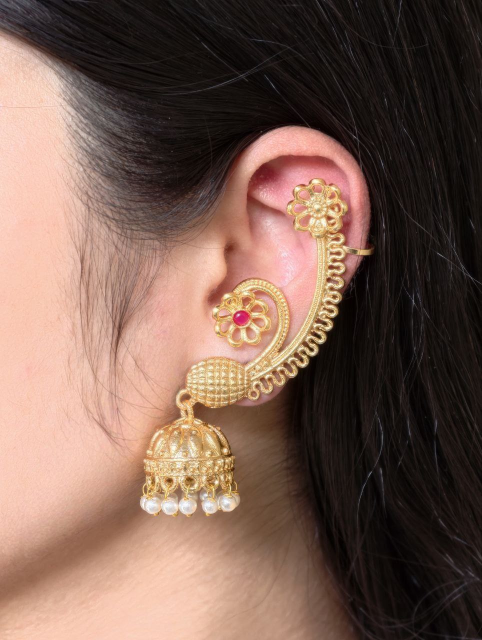 Affordable Design Gold Plated Jhumka Earcuff | Stone & Pearl Traditional Jewelry 3 Gold plated jhumka earcuff with stone and pearl work