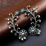 Traditional Look Flower Design Earcuff | Silver Replica Stone & Pearl Work Beautiful Jewelry For Girls - "Aqua"