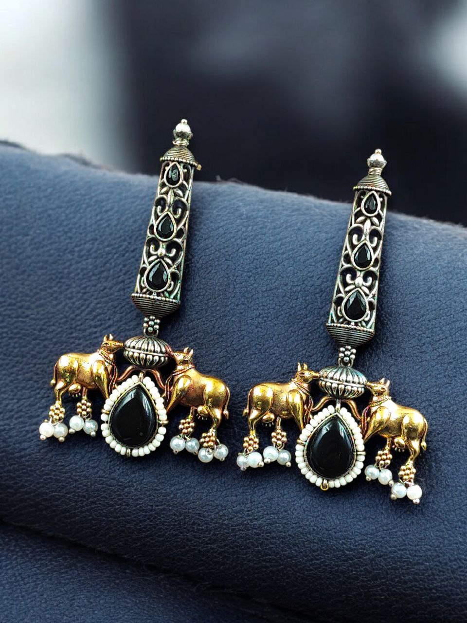 Premium Look Nandi Design Two-Tone Earrings | Stone & Pearl Work Beautiful Statement Jewelry 1 Premium look Nandi design two-tone earrings stone and pearl