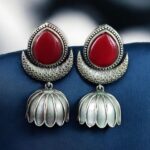 Traditional Oxidized Jhumka Earrings | Silver Replica Monalisa Stone Perfect Jewelry Gift for Her - "Red"