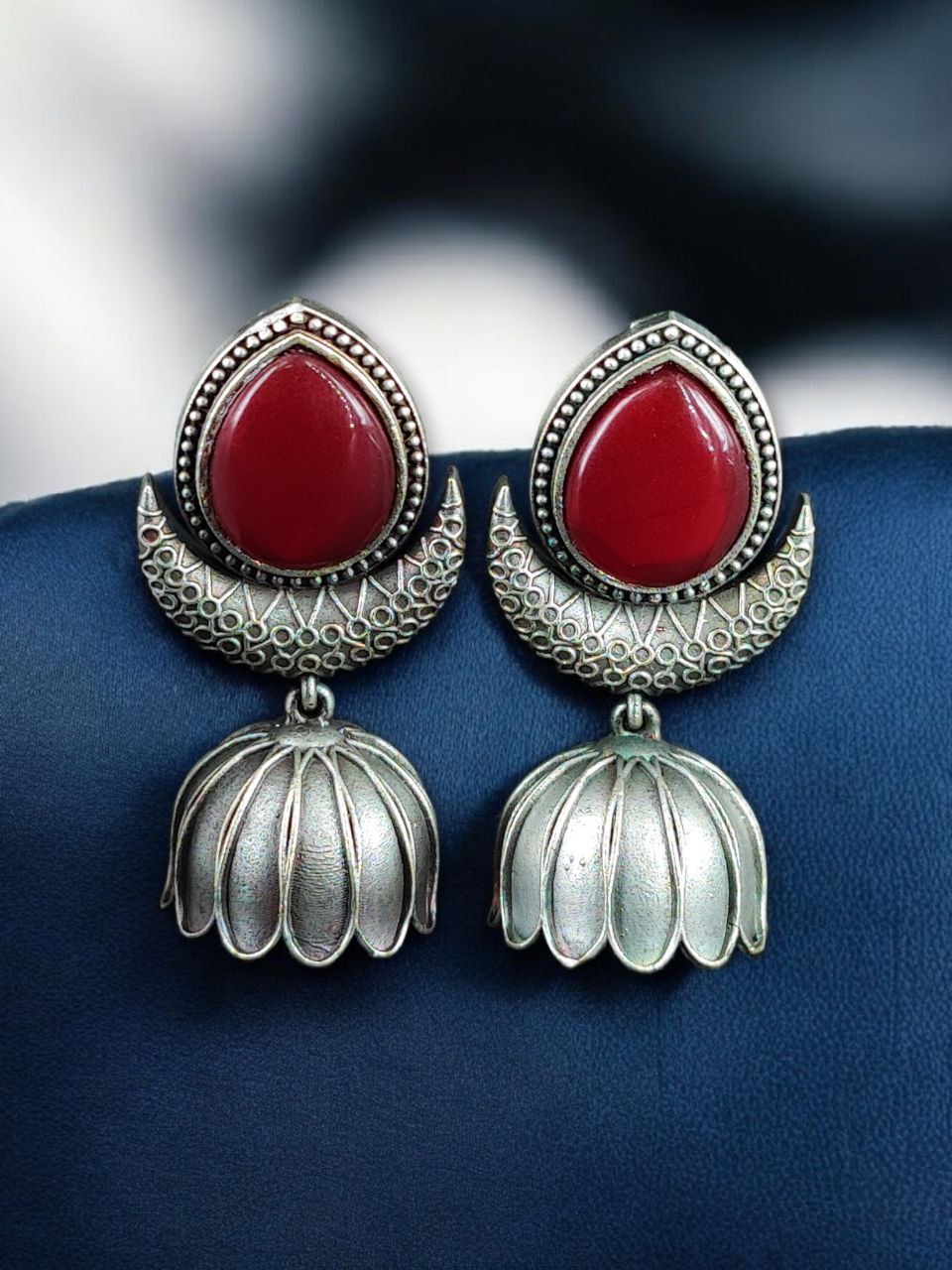 Traditional Oxidized Jhumka Earrings | Silver Replica Monalisa Stone Perfect Jewelry Gift for Her 4 Oxidized silver replica jhumka earrings with Monalisa stone