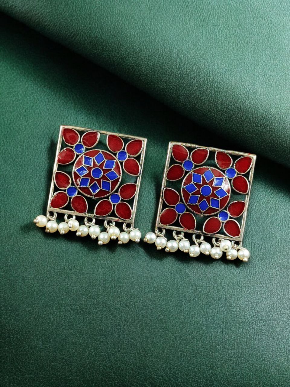 Traditional Silver Plated Meenakari Stud Earrings | Oxidized Pearl Work Amazing Jewelry 4 Silver plated meenakari stud earrings with oxidized finish and pearl work