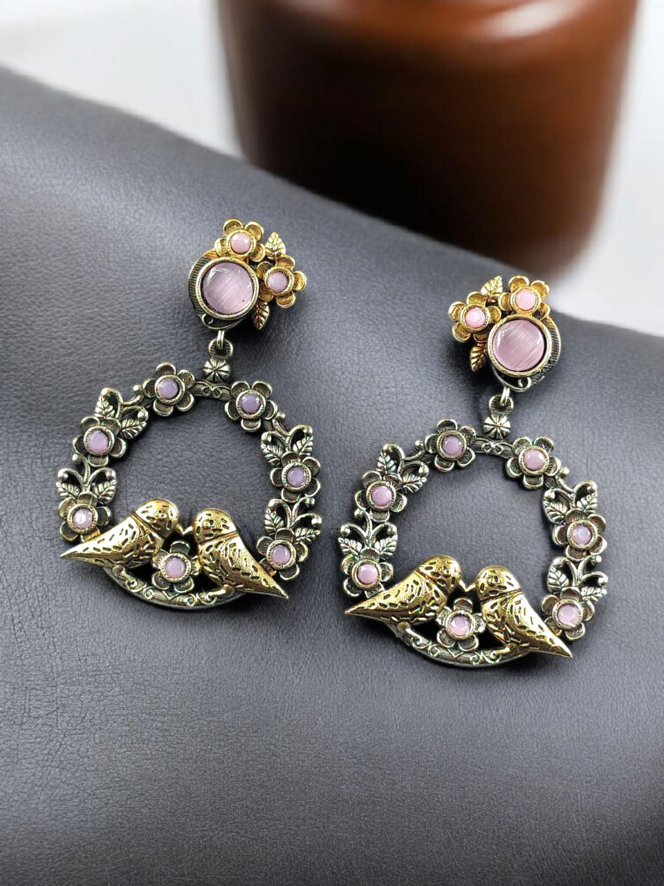 Elegant Two-Tone Bird Earrings | Flower Design Stone Work Best Traditional Jewelry 4 Two-tone bird design dangler earrings with flower stone work