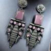 Oxidized silver replica peacock dangler earrings with stone work