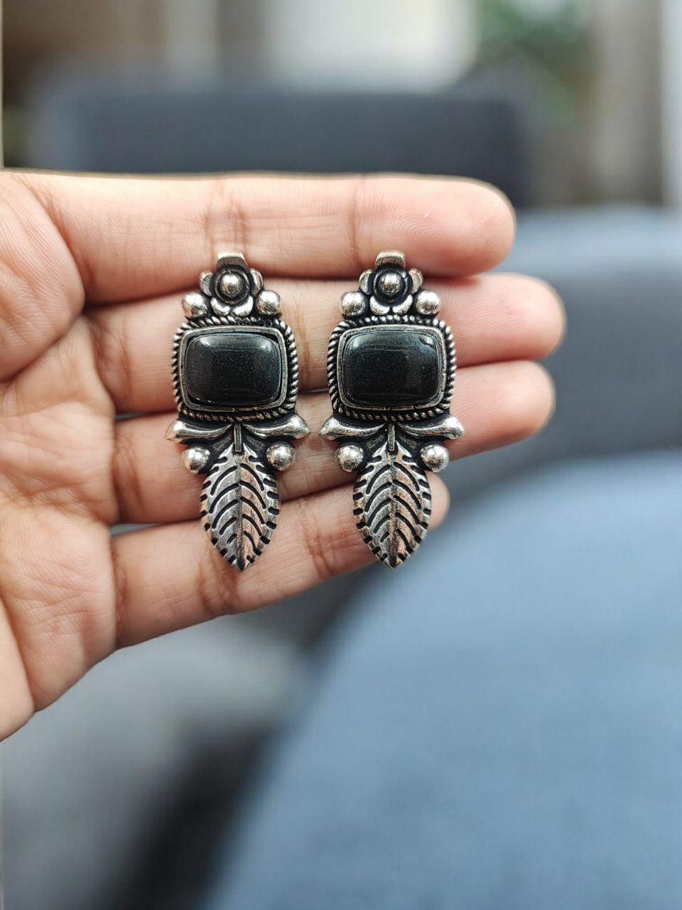 Traditional Silver Plated Leaf Design Earrings with Oxidized Finish 3 Traditional Silver Plated Leaf Design Earrings with Oxidized Finish - Image 4