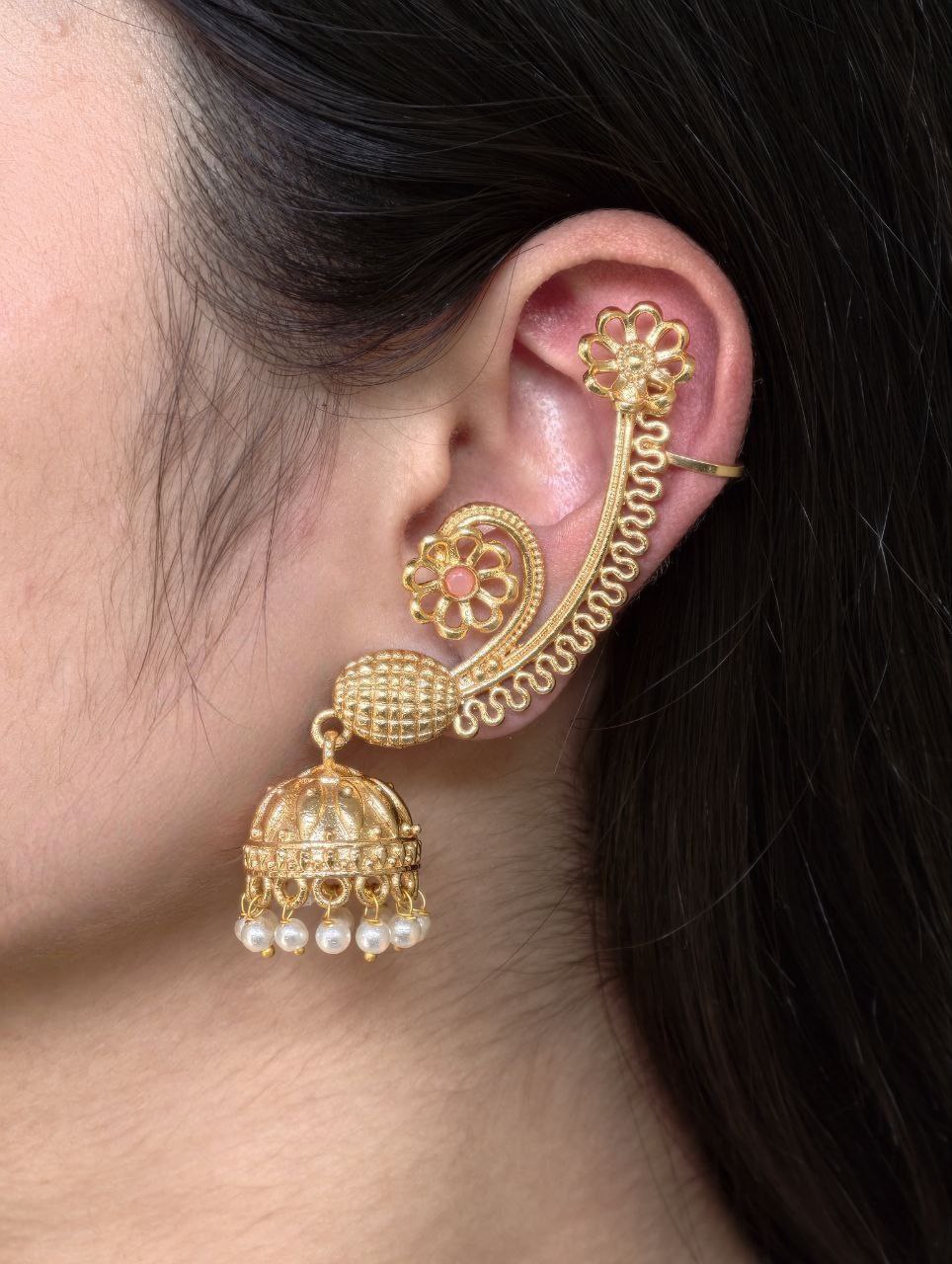 Affordable Design Gold Plated Jhumka Earcuff | Stone & Pearl Traditional Jewelry 4 Gold plated jhumka earcuff with stone and pearl work