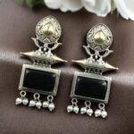 Beautiful Design Two-Tone Stud Earrings | Monalisa Stone with Pearl Detailing - "Black"