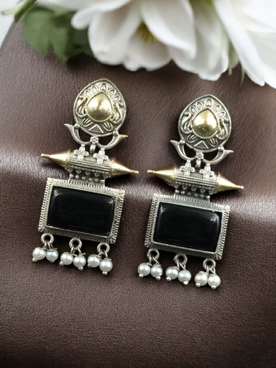 Beautiful Design Two-Tone Stud Earrings | Monalisa Stone with Pearl Detailing 1 Two-tone stud earrings with Monalisa stone and pearl detailing