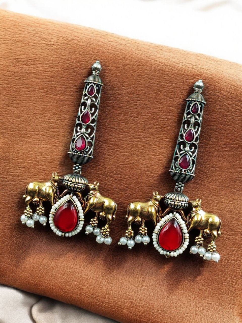 Premium Look Nandi Design Two-Tone Earrings | Stone & Pearl Work Beautiful Statement Jewelry 4 Premium look Nandi design two-tone stone and pearl earrings