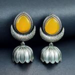 Traditional Oxidized Jhumka Earrings | Silver Replica Monalisa Stone Perfect Jewelry Gift for Her - "Yellow"