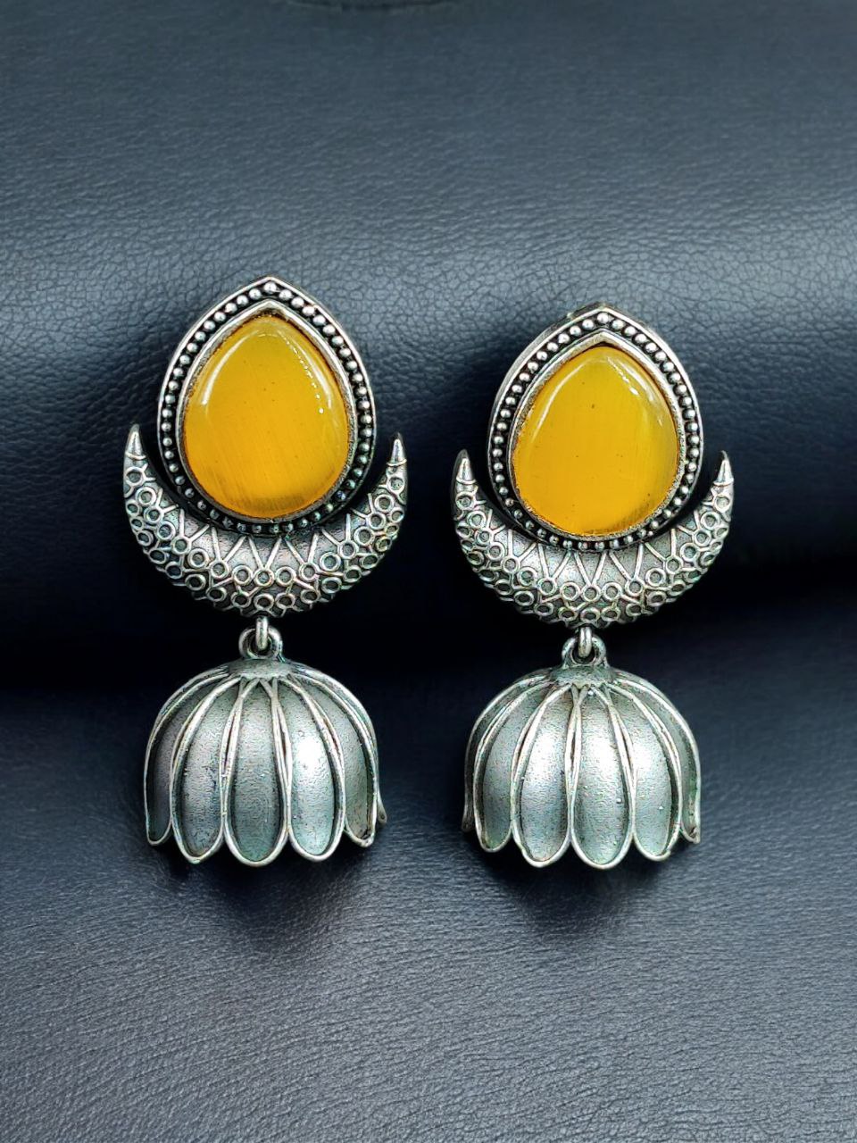 Traditional Oxidized Jhumka Earrings | Silver Replica Monalisa Stone Perfect Jewelry Gift for Her 5 Oxidized silver replica jhumka earrings with Monalisa stone