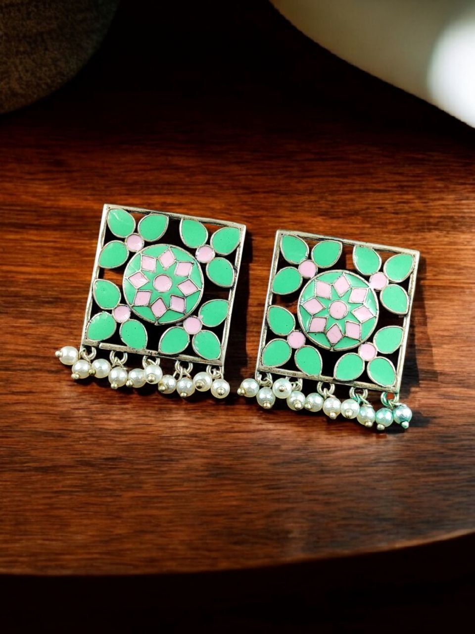 Traditional Silver Plated Meenakari Stud Earrings | Oxidized Pearl Work Amazing Jewelry 5 Silver plated meenakari stud earrings with oxidized finish and pearl work