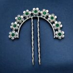 Ethnic Silver Plated Flower Bun Stick | Beautiful Hair Accessory with Stone Work - "Green"