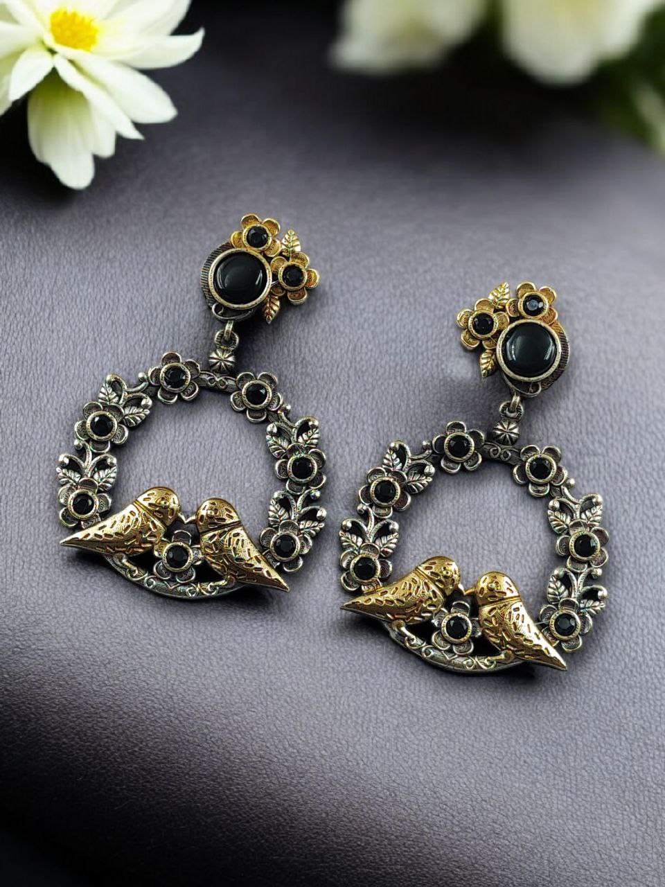 Elegant Two-Tone Bird Earrings | Flower Design Stone Work Best Traditional Jewelry 1 Two-tone bird earrings design dangler with flower stone work