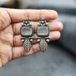 Traditional Silver Plated Leaf Design Earrings with Oxidized Finish - "Grey"