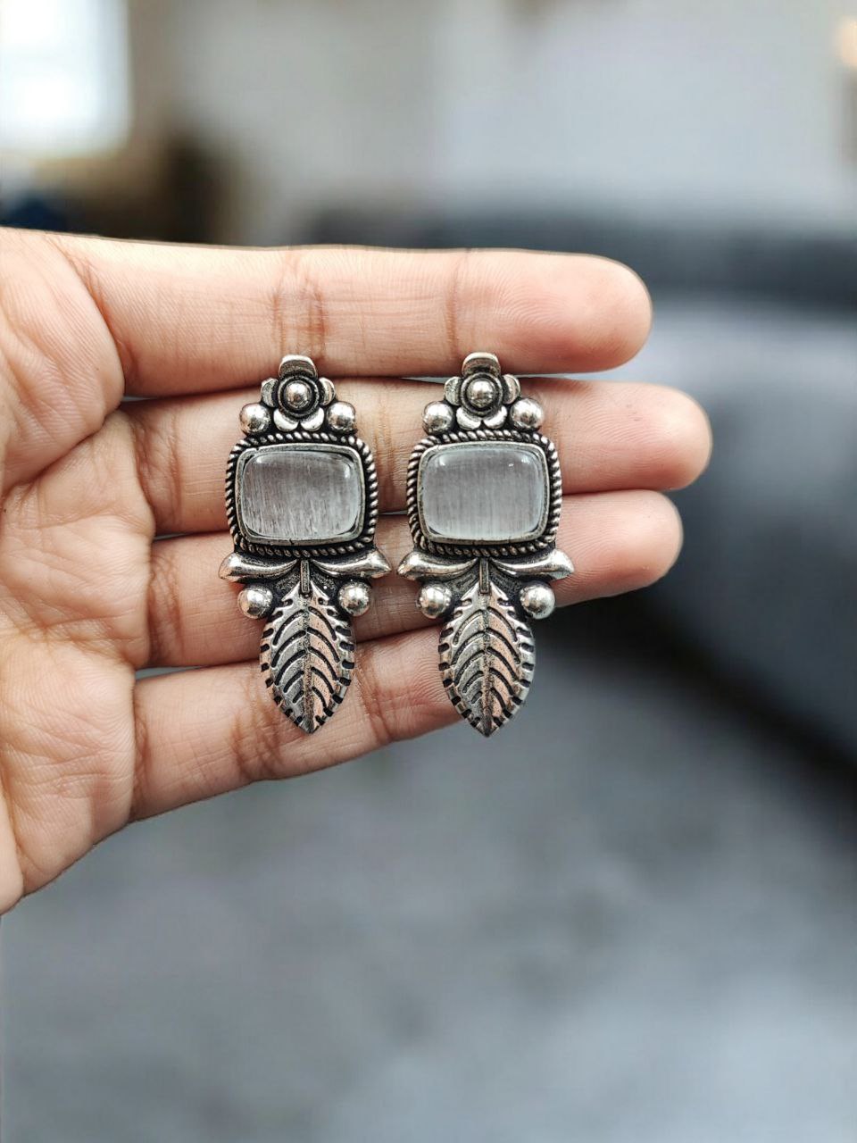 Traditional Silver Plated Leaf Design Earrings with Oxidized Finish 4 Traditional Silver Plated Leaf Design Earrings with Oxidized Finish - Image 5