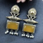 Beautiful Design Two-Tone Stud Earrings | Monalisa Stone with Pearl Detailing - "Yellow"