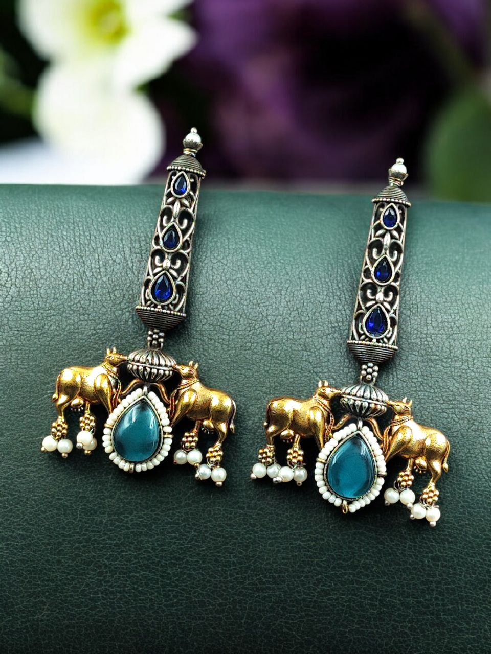 Premium Look Nandi Design Two-Tone Earrings | Stone & Pearl Work Beautiful Statement Jewelry 5 Premium look Nandi design two-tone stone and pearl earrings