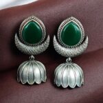 Traditional Oxidized Jhumka Earrings | Silver Replica Monalisa Stone Perfect Jewelry Gift for Her - "Green"